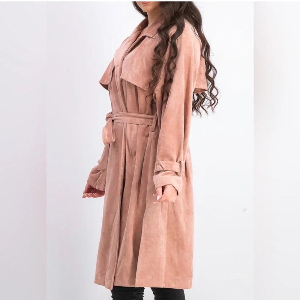 OAT New York Faux Suede Trench Coat in Color Blush - Picture 3 of 4